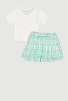 Little Girls Never Mind Glitter Top and Plaid Skirt, Green, Size 6X