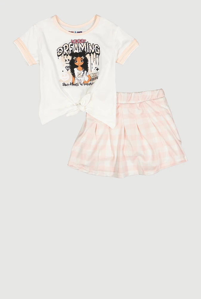 Little Girls Keep Dreaming Ringer Tee and Plaid Skirt, Pink, Size 5-6