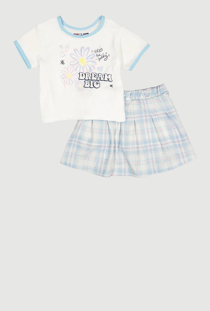 Little Girls Dream Big Graphic Ringer Tee and Plaid Skirt, Blue,