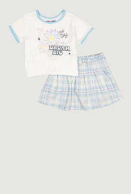 Little Girls Dream Big Graphic Ringer Tee and Plaid Skirt, Blue, Size 4