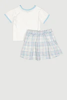 Little Girls Dream Big Graphic Ringer Tee and Plaid Skirt, Blue, Size 4