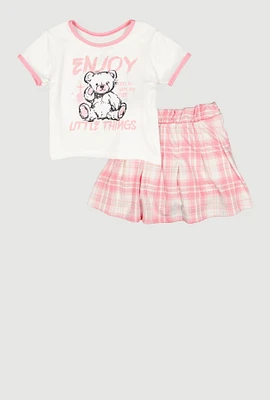 Little Girls Enjoy Little Things Glitter Tee and Plaid Skort, Pink, Size 5-6