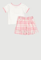 Little Girls Enjoy Little Things Glitter Tee and Plaid Skort, Pink, Size 4