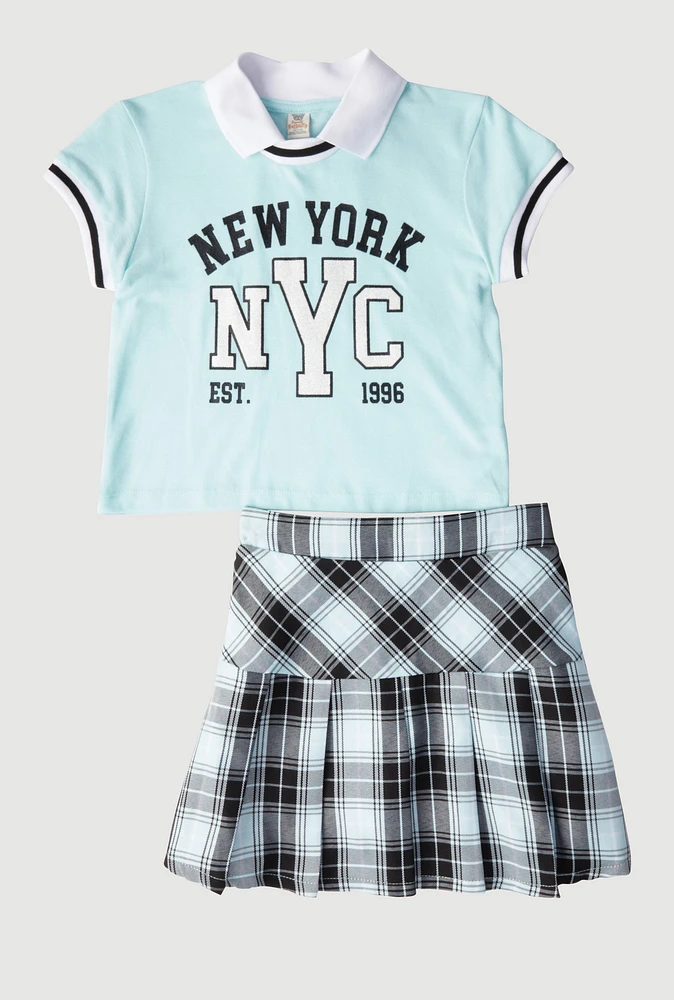 Girls New York Graphic Tee and Plaid Skirt, Blue, Size 7-8