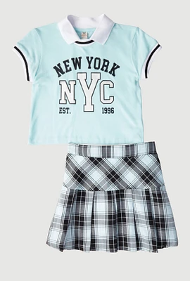 Girls New York Graphic Tee and Plaid Skirt, Blue, Size 10-12