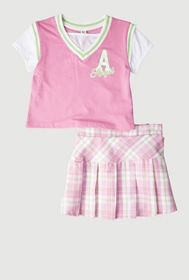 Girls Angel Blouse and Pleated Skirt, Pink, Size 10-12