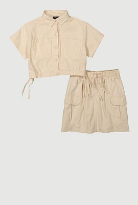 Girls Button Front Shirt and Cargo Skirt, Beige, Size 7-8