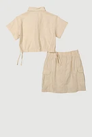 Girls Button Front Shirt and Cargo Skirt, Beige, Size 7-8