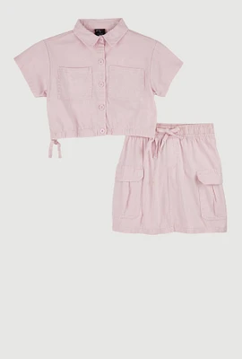 Girls Button Front Shirt and Cargo Skirt, Pink, Size 14-16