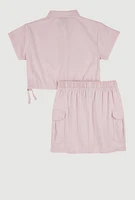 Girls Button Front Shirt and Cargo Skirt, Pink, Size 14-16