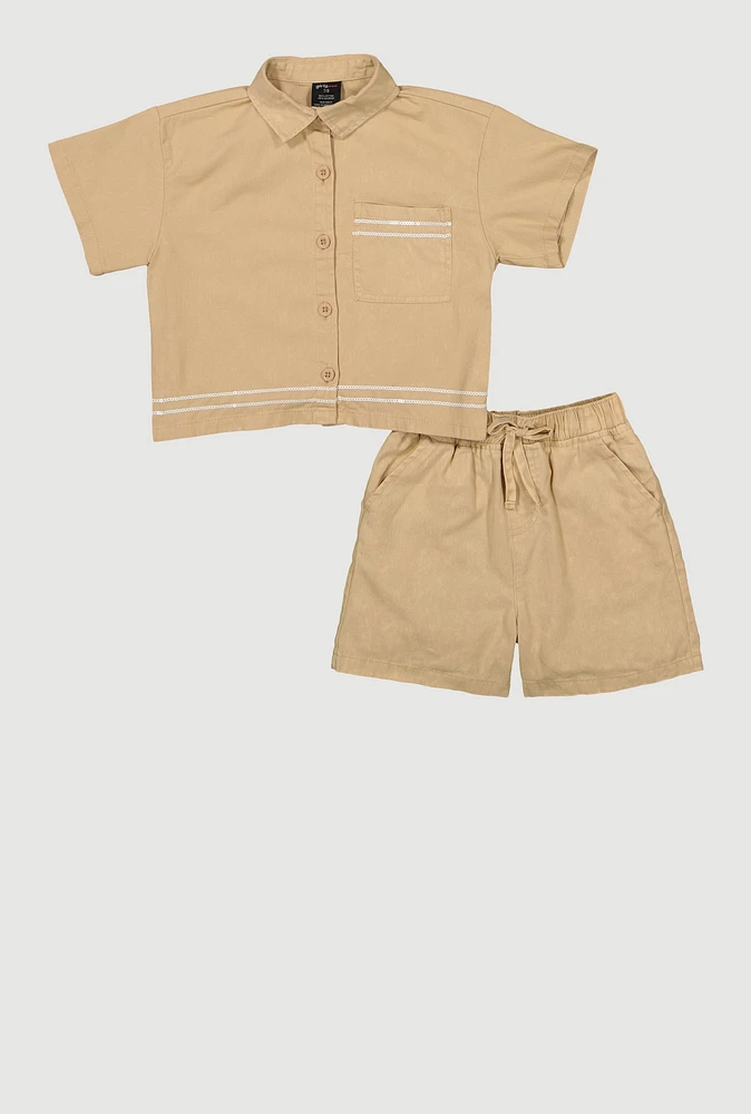 Girls Sequin Trim Button Front Shirt and Shorts,