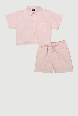 Girls Sequin Trim Button Front Shirt and Shorts, Pink,