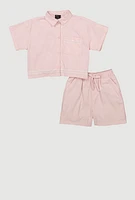 Girls Sequin Trim Button Front Shirt and Shorts, Pink,