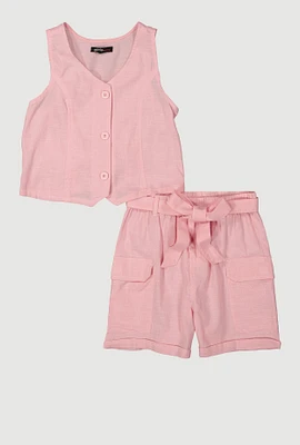 Girls Button Front Vest and Cargo Shorts, Pink, Size 14-16