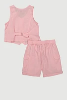 Girls Button Front Vest and Cargo Shorts, Pink, Size 14-16
