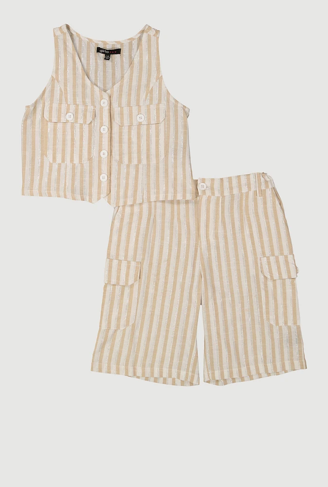 Girls Striped Linen Vest and Cargo Shorts, Beige, Size 14-16