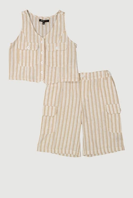 Girls Striped Linen Vest and Cargo Shorts, Beige, Size 14-16
