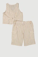 Girls Striped Linen Vest and Cargo Shorts, Beige, Size 14-16