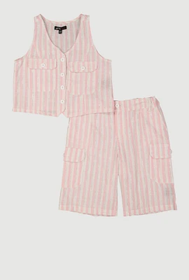 Girls Striped Linen Vest and Cargo Shorts, Pink, Size 10-12