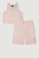Girls Striped Linen Vest and Cargo Shorts, Pink, Size 10-12
