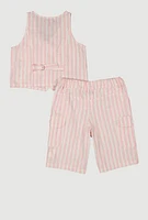 Girls Striped Linen Vest and Cargo Shorts, Pink, Size 10-12