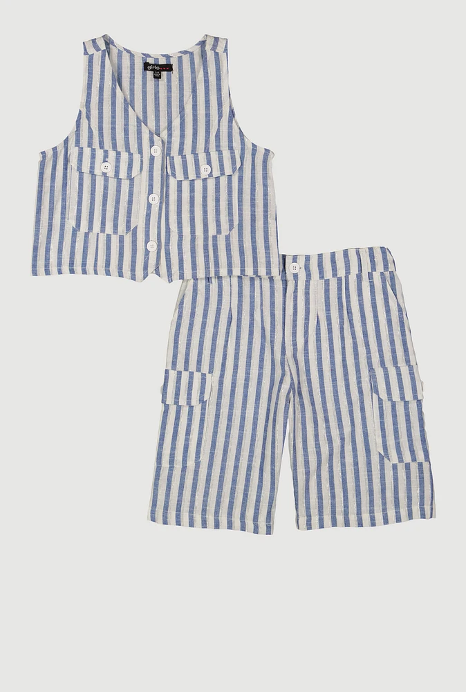 Girls Striped Linen Vest and Cargo Shorts, Blue, Size 7-8