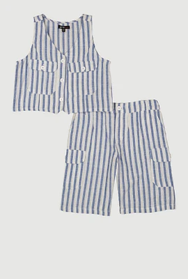 Girls Striped Linen Vest and Cargo Shorts, Blue, Size 7-8