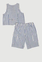 Girls Striped Linen Vest and Cargo Shorts, Blue, Size 7-8