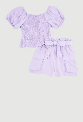Girls Smocked Blouse and Tie Waist Cargo Shorts, Purple,