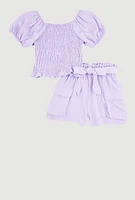 Girls Smocked Blouse and Tie Waist Cargo Shorts, Purple,