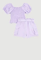 Girls Smocked Blouse and Tie Waist Cargo Shorts, Purple,