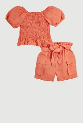 Girls Smocked Blouse and Tie Waist Cargo Shorts, 10-12