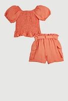 Girls Smocked Blouse and Tie Waist Cargo Shorts, Orange, Size 14-16