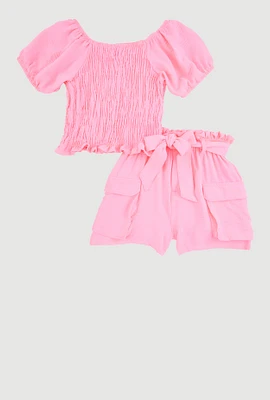 Girls Smocked Blouse and Tie Waist Cargo Shorts,