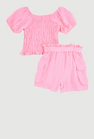 Girls Smocked Blouse and Tie Waist Cargo Shorts,