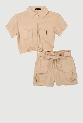 Girls Faux Drawstring Shirt and Cargo Shorts, Khaki,