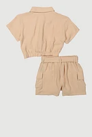 Girls Faux Drawstring Shirt and Cargo Shorts, Khaki,
