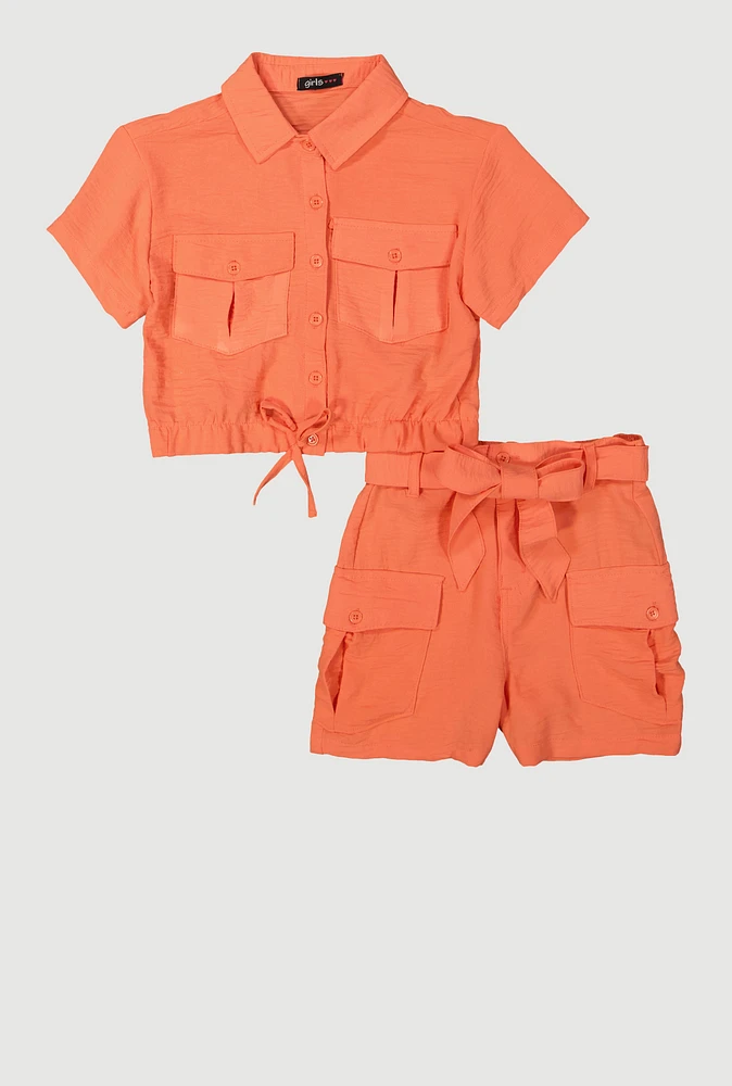 Girls Faux Drawstring Shirt and Cargo Shorts, Orange, Size 10-12