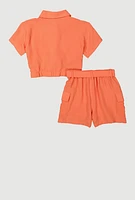Girls Faux Drawstring Shirt and Cargo Shorts, Orange, Size 10-12