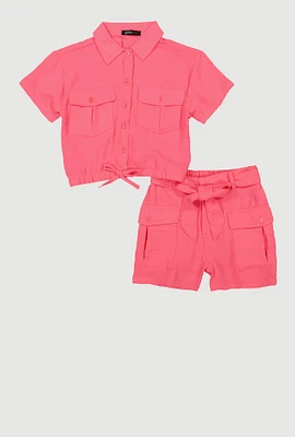 Girls Faux Drawstring Shirt and Cargo Shorts, Pink, Size 14-16