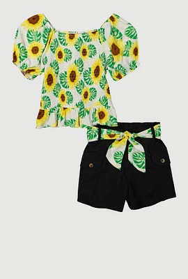 Girls Sunflower Smocked Peplum Top and Cargo Shorts, Multi, Size 7-8