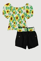 Girls Sunflower Smocked Peplum Top and Cargo Shorts, Multi, Size 7-8