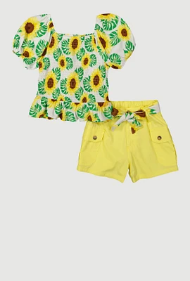Girls Sunflower Smocked Peplum Top and Cargo Shorts, Multi, Size 14-16