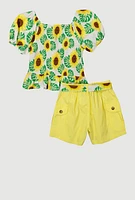 Girls Sunflower Smocked Peplum Top and Cargo Shorts, Multi, Size 14-16