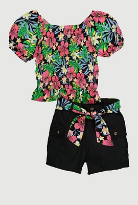 Girls Floral Print Puff Sleeves Top and Tie Waist Belt, Multi, Size 10-12