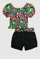Girls Floral Print Puff Sleeves Top and Tie Waist Belt, Multi, Size 10-12