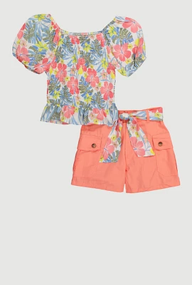 Girls Floral Print Puff Sleeves Top and Tie Waist Belt, Multi, Size 7-8