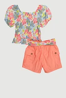 Girls Floral Print Puff Sleeves Top and Tie Waist Belt, Multi, Size 7-8