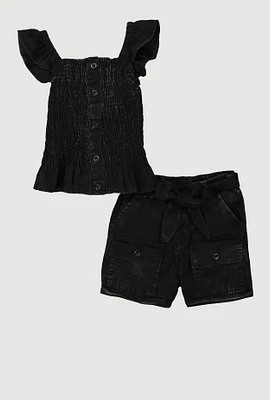 Girls Mineral Wash Peplum Top and Cargo Shorts, Black, Size 14-16