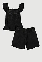 Girls Mineral Wash Peplum Top and Cargo Shorts, Black, Size 14-16